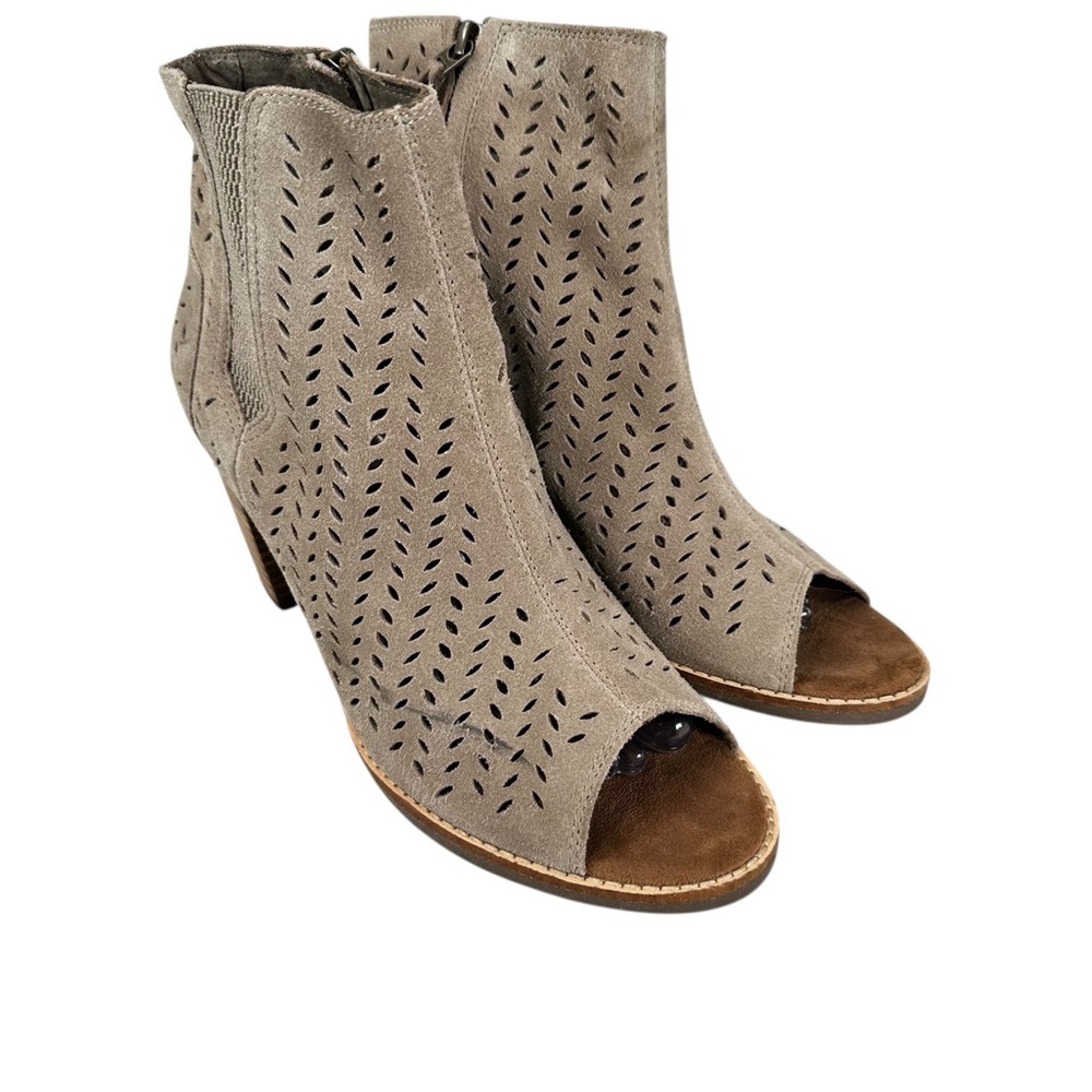 TOMS Majorca Peep Toe Booties Womens 9.5 Beige Cutout Suede Heels